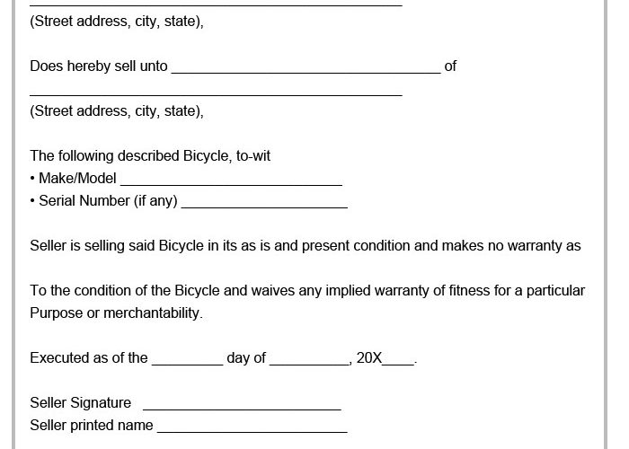 Bicycle Bill of Sale Form Template